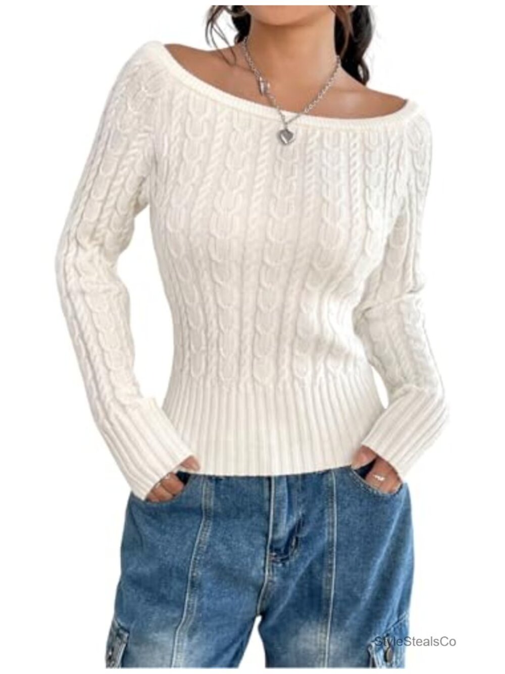 Women's Cable Knit Off Shoulder Boat Neck Pullover Sweater